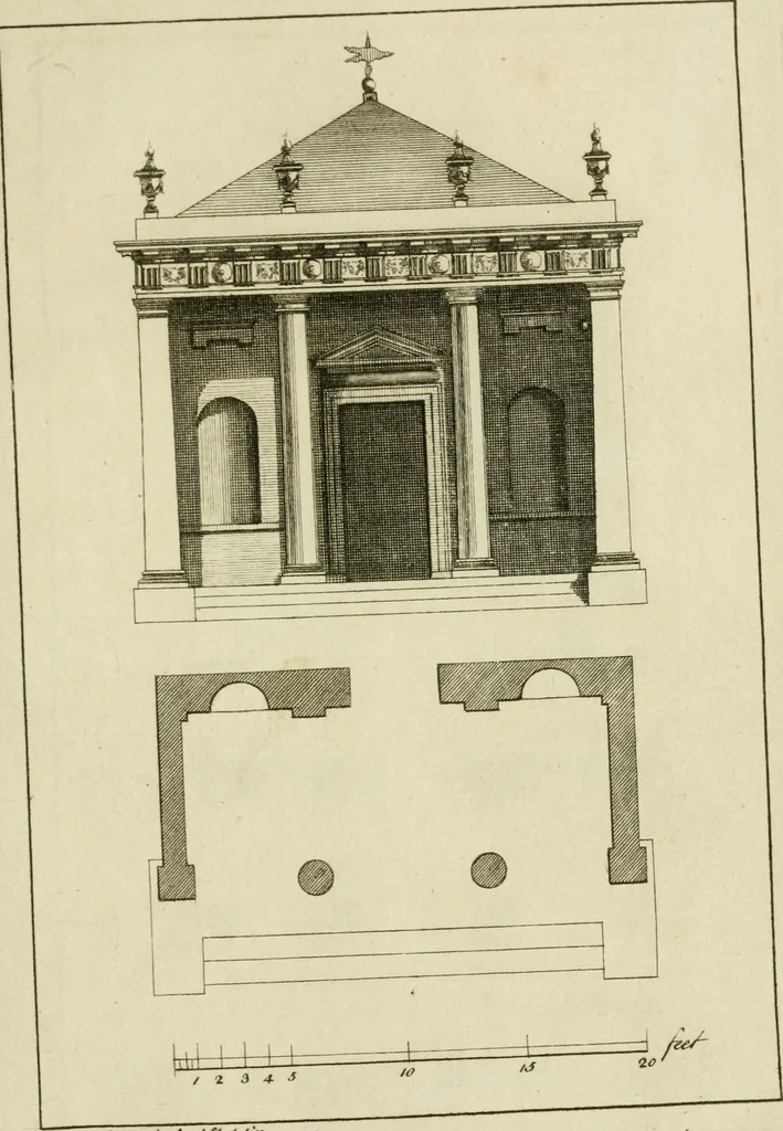 An illustration from Architecture improved, in a collection of modern, elegant and useful designs : from slight and graceful recesses, lodges and other decorations in parks, gardens, woods or forests, to the portico, bath, observatory, and interior ornaments of superb buildings : with great variety of rich embellishments for chimneys in the taste of Inigo Jones, Mr. Kent, &c. : all curiously engraved on fifty copper-plates, octavo, 1755, leaf 20