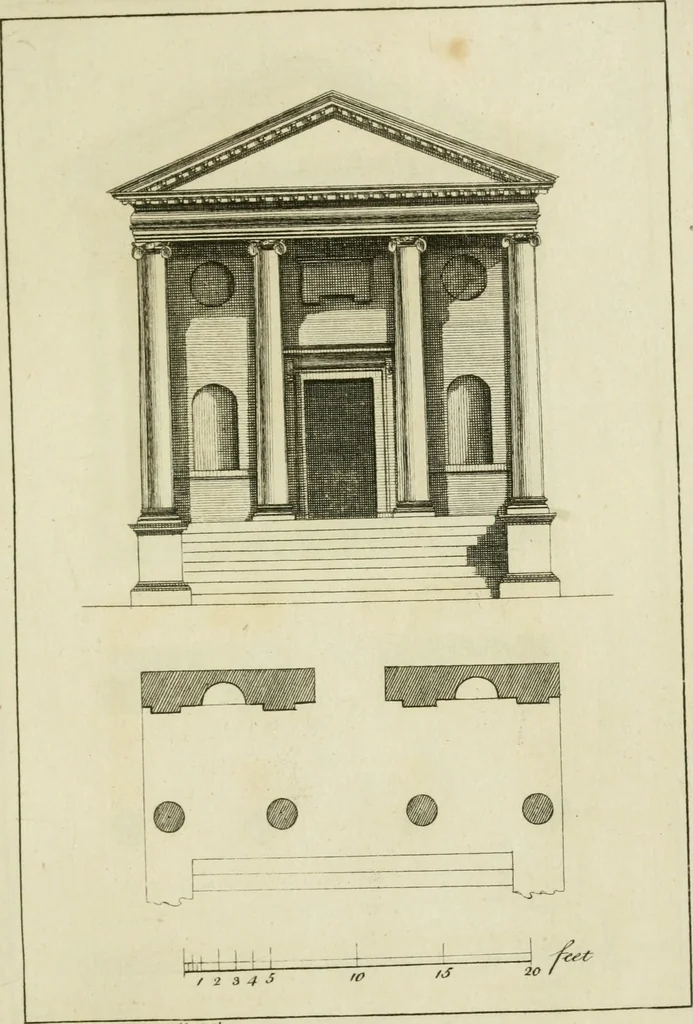 An illustration from Architecture improved, in a collection of modern, elegant and useful designs : from slight and graceful recesses, lodges and other decorations in parks, gardens, woods or forests, to the portico, bath, observatory, and interior ornaments of superb buildings : with great variety of rich embellishments for chimneys in the taste of Inigo Jones, Mr. Kent, &c. : all curiously engraved on fifty copper-plates, octavo, 1755, leaf 22