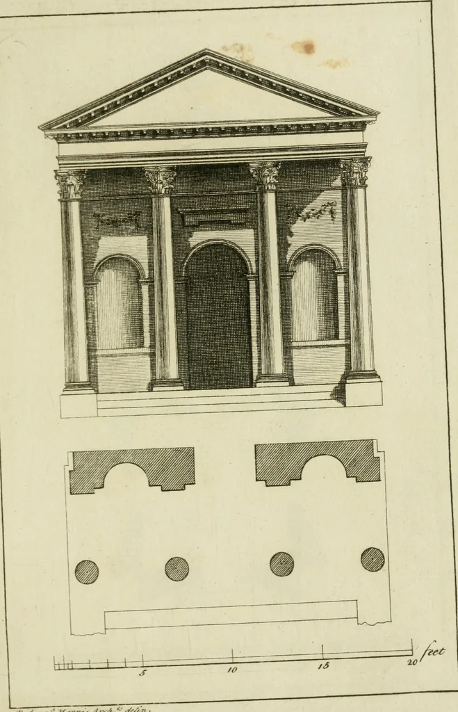An illustration from Architecture improved, in a collection of modern, elegant and useful designs : from slight and graceful recesses, lodges and other decorations in parks, gardens, woods or forests, to the portico, bath, observatory, and interior ornaments of superb buildings : with great variety of rich embellishments for chimneys in the taste of Inigo Jones, Mr. Kent, &c. : all curiously engraved on fifty copper-plates, octavo, 1755, leaf 24