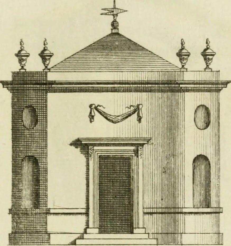 An illustration from Architecture improved, in a collection of modern, elegant and useful designs : from slight and graceful recesses, lodges and other decorations in parks, gardens, woods or forests, to the portico, bath, observatory, and interior ornaments of superb buildings : with great variety of rich embellishments for chimneys in the taste of Inigo Jones, Mr. Kent, &c. : all curiously engraved on fifty copper-plates, octavo, 1755, leaf 26