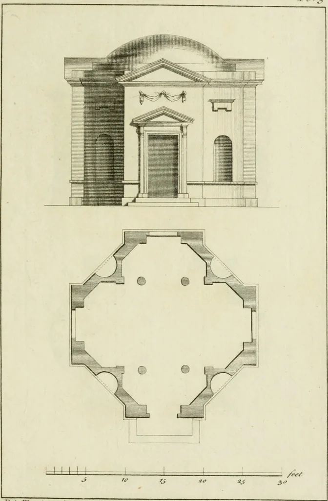 An illustration from Architecture improved, in a collection of modern, elegant and useful designs : from slight and graceful recesses, lodges and other decorations in parks, gardens, woods or forests, to the portico, bath, observatory, and interior ornaments of superb buildings : with great variety of rich embellishments for chimneys in the taste of Inigo Jones, Mr. Kent, &c. : all curiously engraved on fifty copper-plates, octavo, 1755, leaf 28