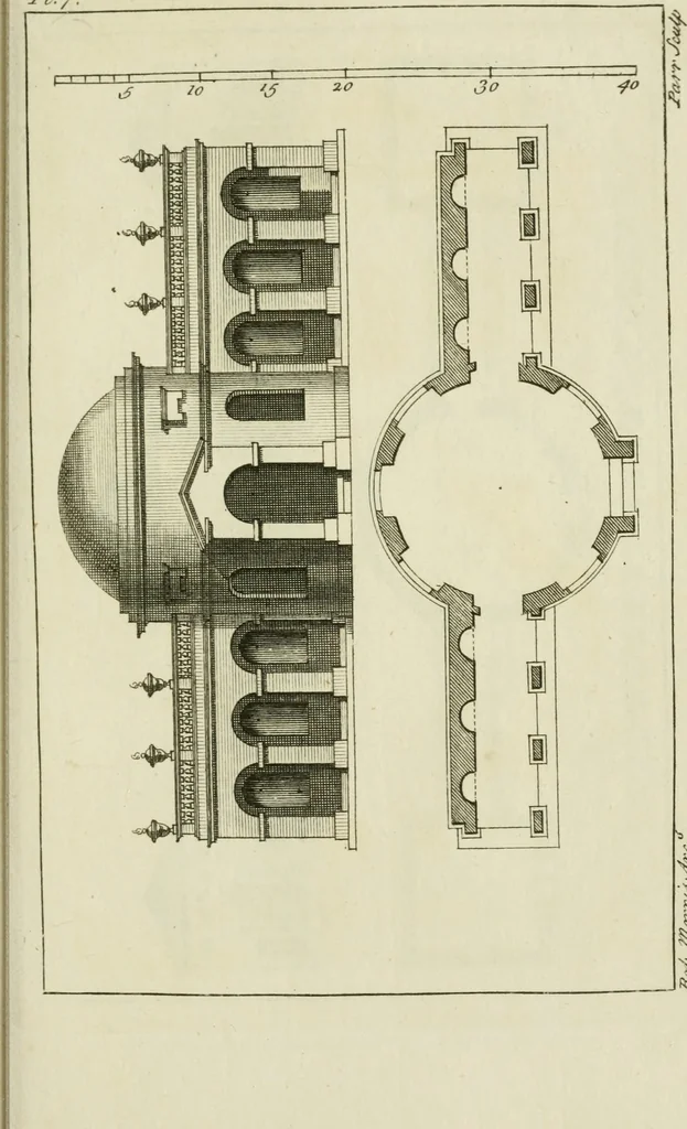 An illustration from Architecture improved, in a collection of modern, elegant and useful designs : from slight and graceful recesses, lodges and other decorations in parks, gardens, woods or forests, to the portico, bath, observatory, and interior ornaments of superb buildings : with great variety of rich embellishments for chimneys in the taste of Inigo Jones, Mr. Kent, &c. : all curiously engraved on fifty copper-plates, octavo, 1755, leaf 32