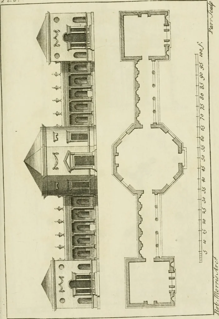 An illustration from Architecture improved, in a collection of modern, elegant and useful designs : from slight and graceful recesses, lodges and other decorations in parks, gardens, woods or forests, to the portico, bath, observatory, and interior ornaments of superb buildings : with great variety of rich embellishments for chimneys in the taste of Inigo Jones, Mr. Kent, &c. : all curiously engraved on fifty copper-plates, octavo, 1755, leaf 34