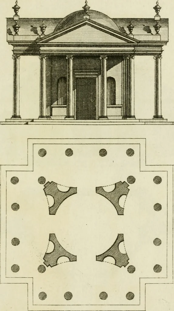 An illustration from Architecture improved, in a collection of modern, elegant and useful designs : from slight and graceful recesses, lodges and other decorations in parks, gardens, woods or forests, to the portico, bath, observatory, and interior ornaments of superb buildings : with great variety of rich embellishments for chimneys in the taste of Inigo Jones, Mr. Kent, &c. : all curiously engraved on fifty copper-plates, octavo, 1755, leaf 36