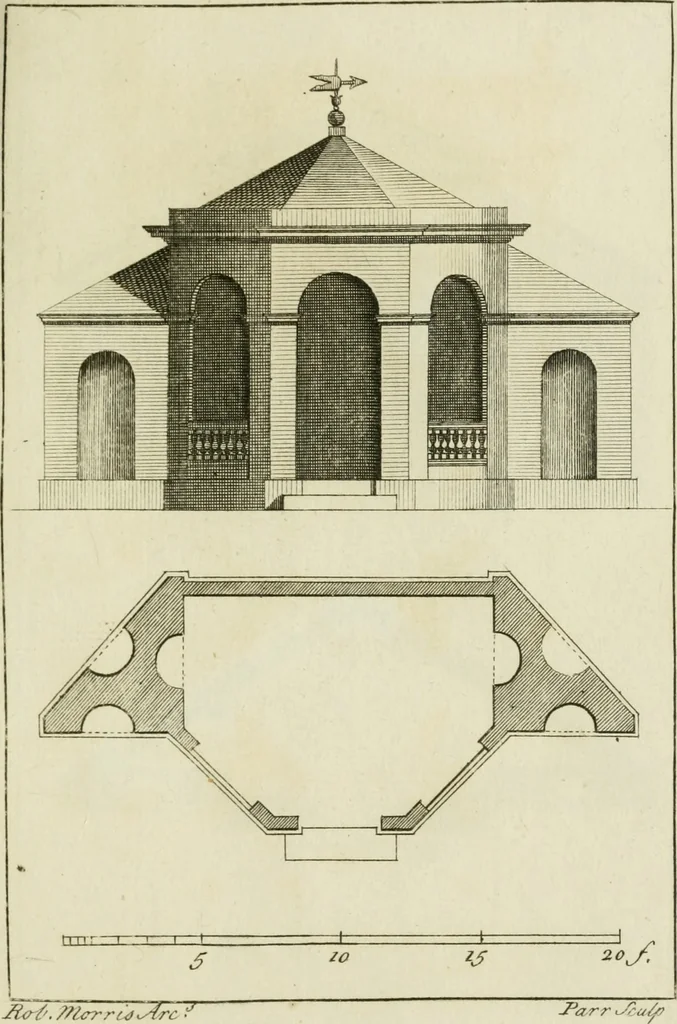 An illustration from Architecture improved, in a collection of modern, elegant and useful designs : from slight and graceful recesses, lodges and other decorations in parks, gardens, woods or forests, to the portico, bath, observatory, and interior ornaments of superb buildings : with great variety of rich embellishments for chimneys in the taste of Inigo Jones, Mr. Kent, &c. : all curiously engraved on fifty copper-plates, octavo, 1755, leaf 38
