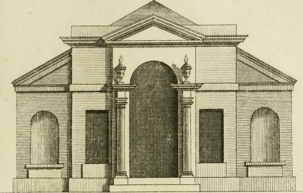 An illustration from Architecture improved, in a collection of modern, elegant and useful designs : from slight and graceful recesses, lodges and other decorations in parks, gardens, woods or forests, to the portico, bath, observatory, and interior ornaments of superb buildings : with great variety of rich embellishments for chimneys in the taste of Inigo Jones, Mr. Kent, &c. : all curiously engraved on fifty copper-plates, octavo, 1755, leaf 42