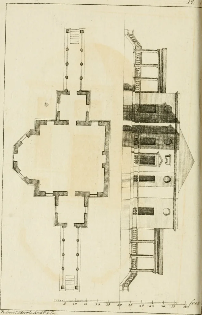 An illustration from Architecture improved, in a collection of modern, elegant and useful designs : from slight and graceful recesses, lodges and other decorations in parks, gardens, woods or forests, to the portico, bath, observatory, and interior ornaments of superb buildings : with great variety of rich embellishments for chimneys in the taste of Inigo Jones, Mr. Kent, &c. : all curiously engraved on fifty copper-plates, octavo, 1755, leaf 45