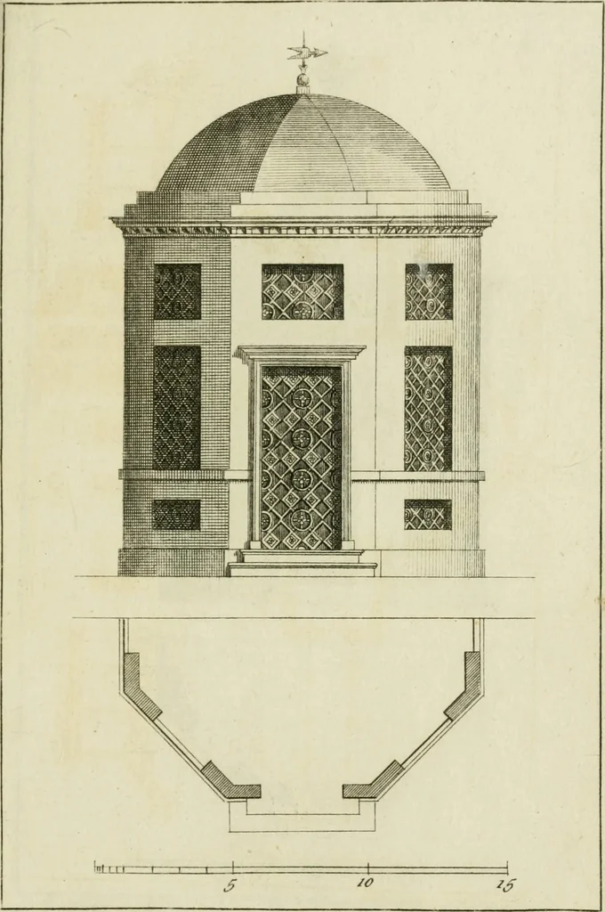 An illustration from Architecture improved, in a collection of modern, elegant and useful designs : from slight and graceful recesses, lodges and other decorations in parks, gardens, woods or forests, to the portico, bath, observatory, and interior ornaments of superb buildings : with great variety of rich embellishments for chimneys in the taste of Inigo Jones, Mr. Kent, &c. : all curiously engraved on fifty copper-plates, octavo, 1755, leaf 46