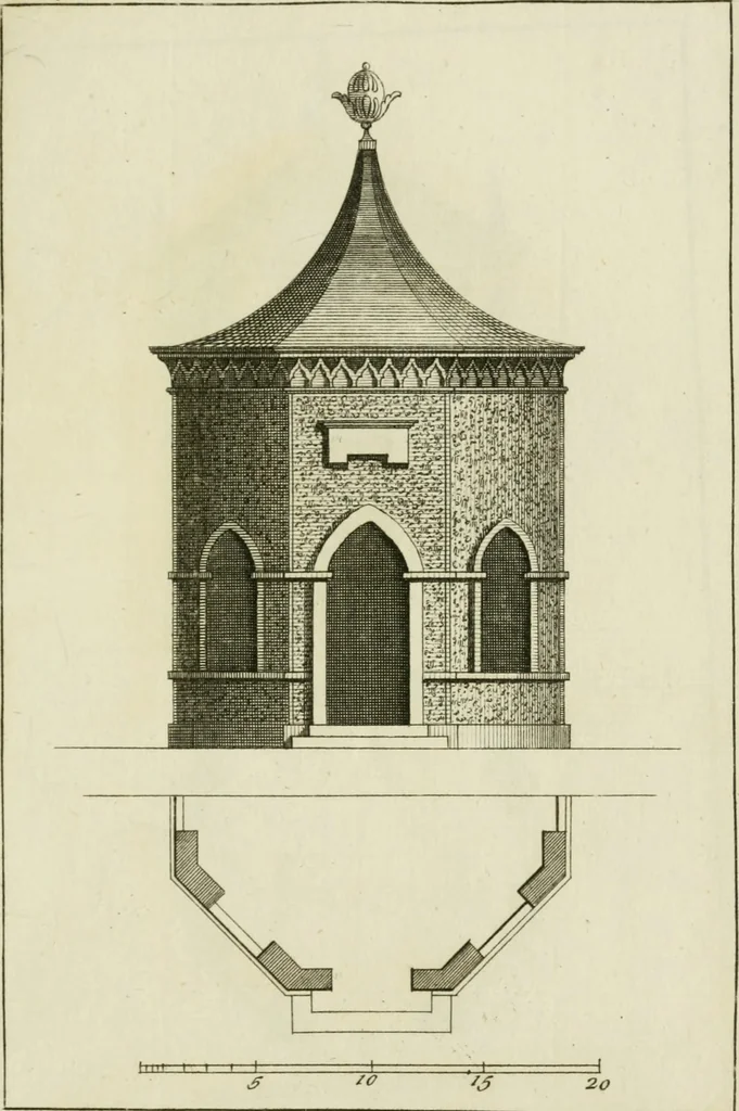 An illustration from Architecture improved, in a collection of modern, elegant and useful designs : from slight and graceful recesses, lodges and other decorations in parks, gardens, woods or forests, to the portico, bath, observatory, and interior ornaments of superb buildings : with great variety of rich embellishments for chimneys in the taste of Inigo Jones, Mr. Kent, &c. : all curiously engraved on fifty copper-plates, octavo, 1755, leaf 48