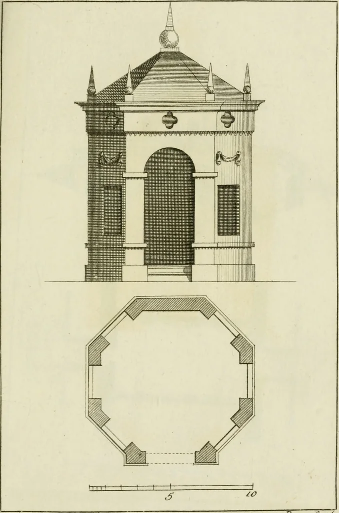 An illustration from Architecture improved, in a collection of modern, elegant and useful designs : from slight and graceful recesses, lodges and other decorations in parks, gardens, woods or forests, to the portico, bath, observatory, and interior ornaments of superb buildings : with great variety of rich embellishments for chimneys in the taste of Inigo Jones, Mr. Kent, &c. : all curiously engraved on fifty copper-plates, octavo, 1755, leaf 50