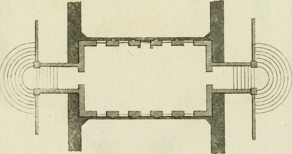 An illustration from Architecture improved, in a collection of modern, elegant and useful designs : from slight and graceful recesses, lodges and other decorations in parks, gardens, woods or forests, to the portico, bath, observatory, and interior ornaments of superb buildings : with great variety of rich embellishments for chimneys in the taste of Inigo Jones, Mr. Kent, &c. : all curiously engraved on fifty copper-plates, octavo, 1755, leaf 52