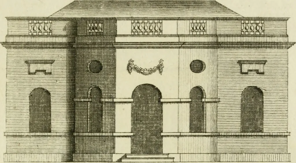 An illustration from Architecture improved, in a collection of modern, elegant and useful designs : from slight and graceful recesses, lodges and other decorations in parks, gardens, woods or forests, to the portico, bath, observatory, and interior ornaments of superb buildings : with great variety of rich embellishments for chimneys in the taste of Inigo Jones, Mr. Kent, &c. : all curiously engraved on fifty copper-plates, octavo, 1755, leaf 54