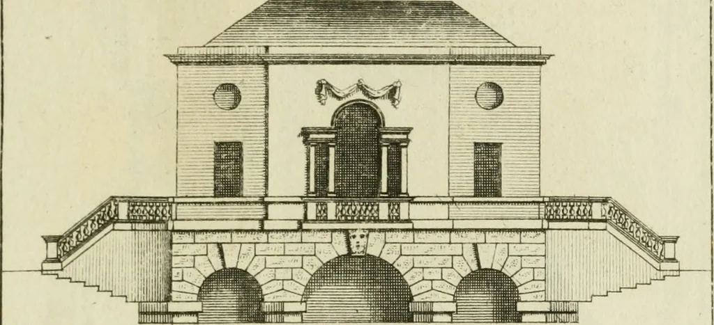 An illustration from Architecture improved, in a collection of modern, elegant and useful designs : from slight and graceful recesses, lodges and other decorations in parks, gardens, woods or forests, to the portico, bath, observatory, and interior ornaments of superb buildings : with great variety of rich embellishments for chimneys in the taste of Inigo Jones, Mr. Kent, &c. : all curiously engraved on fifty copper-plates, octavo, 1755, leaf 56