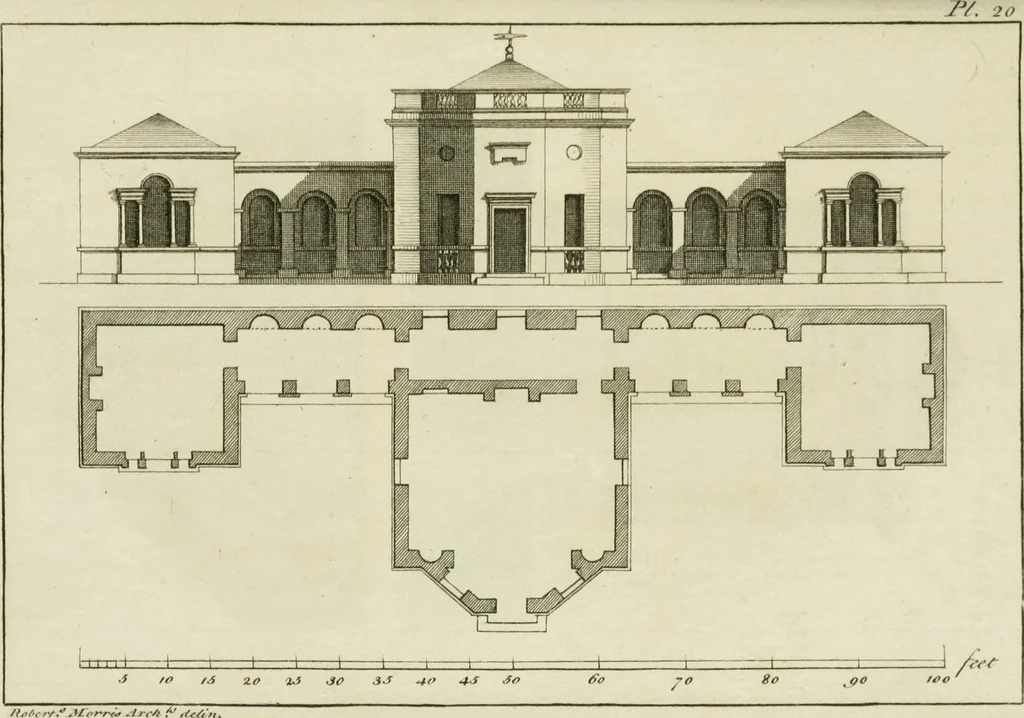 An illustration from Architecture improved, in a collection of modern, elegant and useful designs : from slight and graceful recesses, lodges and other decorations in parks, gardens, woods or forests, to the portico, bath, observatory, and interior ornaments of superb buildings : with great variety of rich embellishments for chimneys in the taste of Inigo Jones, Mr. Kent, &c. : all curiously engraved on fifty copper-plates, octavo, 1755, leaf 58