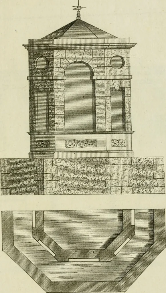 An illustration from Architecture improved, in a collection of modern, elegant and useful designs : from slight and graceful recesses, lodges and other decorations in parks, gardens, woods or forests, to the portico, bath, observatory, and interior ornaments of superb buildings : with great variety of rich embellishments for chimneys in the taste of Inigo Jones, Mr. Kent, &c. : all curiously engraved on fifty copper-plates, octavo, 1755, leaf 60