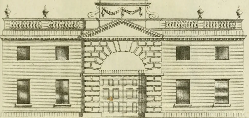 An illustration from Architecture improved, in a collection of modern, elegant and useful designs : from slight and graceful recesses, lodges and other decorations in parks, gardens, woods or forests, to the portico, bath, observatory, and interior ornaments of superb buildings : with great variety of rich embellishments for chimneys in the taste of Inigo Jones, Mr. Kent, &c. : all curiously engraved on fifty copper-plates, octavo, 1755, leaf 62