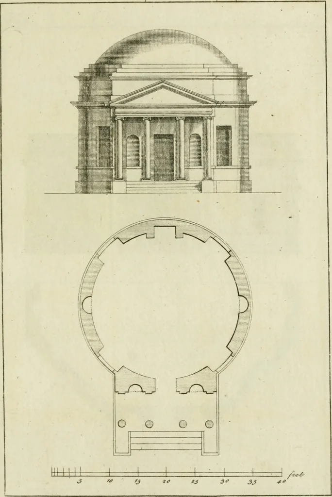 An illustration from Architecture improved, in a collection of modern, elegant and useful designs : from slight and graceful recesses, lodges and other decorations in parks, gardens, woods or forests, to the portico, bath, observatory, and interior ornaments of superb buildings : with great variety of rich embellishments for chimneys in the taste of Inigo Jones, Mr. Kent, &c. : all curiously engraved on fifty copper-plates, octavo, 1755, leaf 64