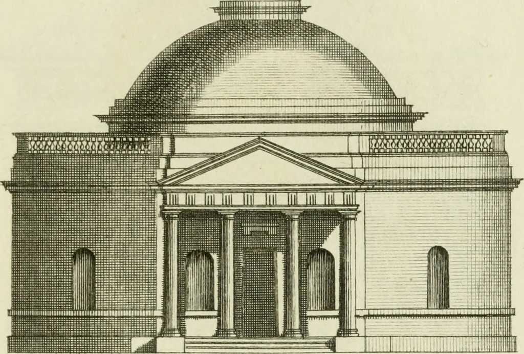 An illustration from Architecture improved, in a collection of modern, elegant and useful designs : from slight and graceful recesses, lodges and other decorations in parks, gardens, woods or forests, to the portico, bath, observatory, and interior ornaments of superb buildings : with great variety of rich embellishments for chimneys in the taste of Inigo Jones, Mr. Kent, &c. : all curiously engraved on fifty copper-plates, octavo, 1755, leaf 66