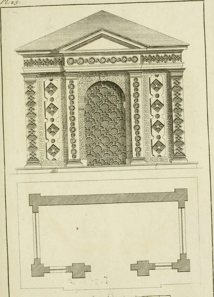 An illustration from Architecture improved, in a collection of modern, elegant and useful designs : from slight and graceful recesses, lodges and other decorations in parks, gardens, woods or forests, to the portico, bath, observatory, and interior ornaments of superb buildings : with great variety of rich embellishments for chimneys in the taste of Inigo Jones, Mr. Kent, &c. : all curiously engraved on fifty copper-plates, octavo, 1755, leaf 68