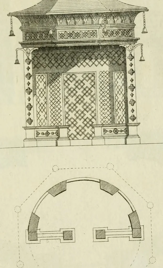 An illustration from Architecture improved, in a collection of modern, elegant and useful designs : from slight and graceful recesses, lodges and other decorations in parks, gardens, woods or forests, to the portico, bath, observatory, and interior ornaments of superb buildings : with great variety of rich embellishments for chimneys in the taste of Inigo Jones, Mr. Kent, &c. : all curiously engraved on fifty copper-plates, octavo, 1755, leaf 70