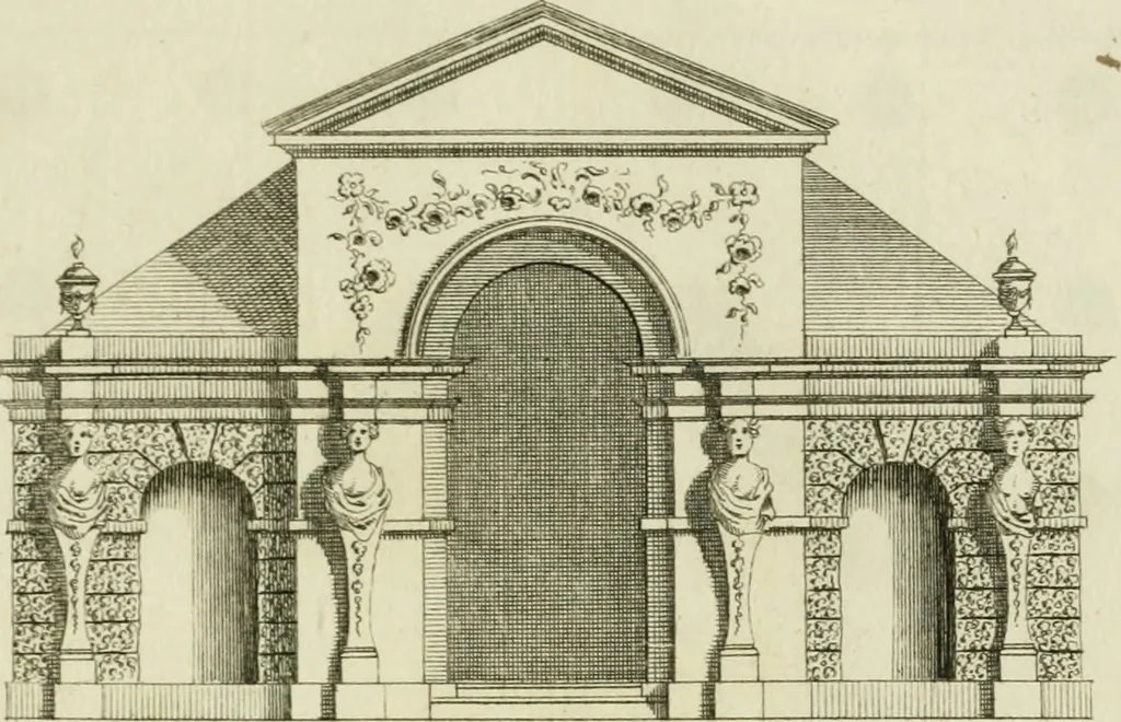 An illustration from Architecture improved, in a collection of modern, elegant and useful designs : from slight and graceful recesses, lodges and other decorations in parks, gardens, woods or forests, to the portico, bath, observatory, and interior ornaments of superb buildings : with great variety of rich embellishments for chimneys in the taste of Inigo Jones, Mr. Kent, &c. : all curiously engraved on fifty copper-plates, octavo, 1755, leaf 72