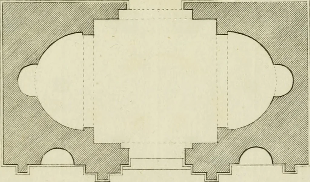 An illustration from Architecture improved, in a collection of modern, elegant and useful designs : from slight and graceful recesses, lodges and other decorations in parks, gardens, woods or forests, to the portico, bath, observatory, and interior ornaments of superb buildings : with great variety of rich embellishments for chimneys in the taste of Inigo Jones, Mr. Kent, &c. : all curiously engraved on fifty copper-plates, octavo, 1755, leaf 72
