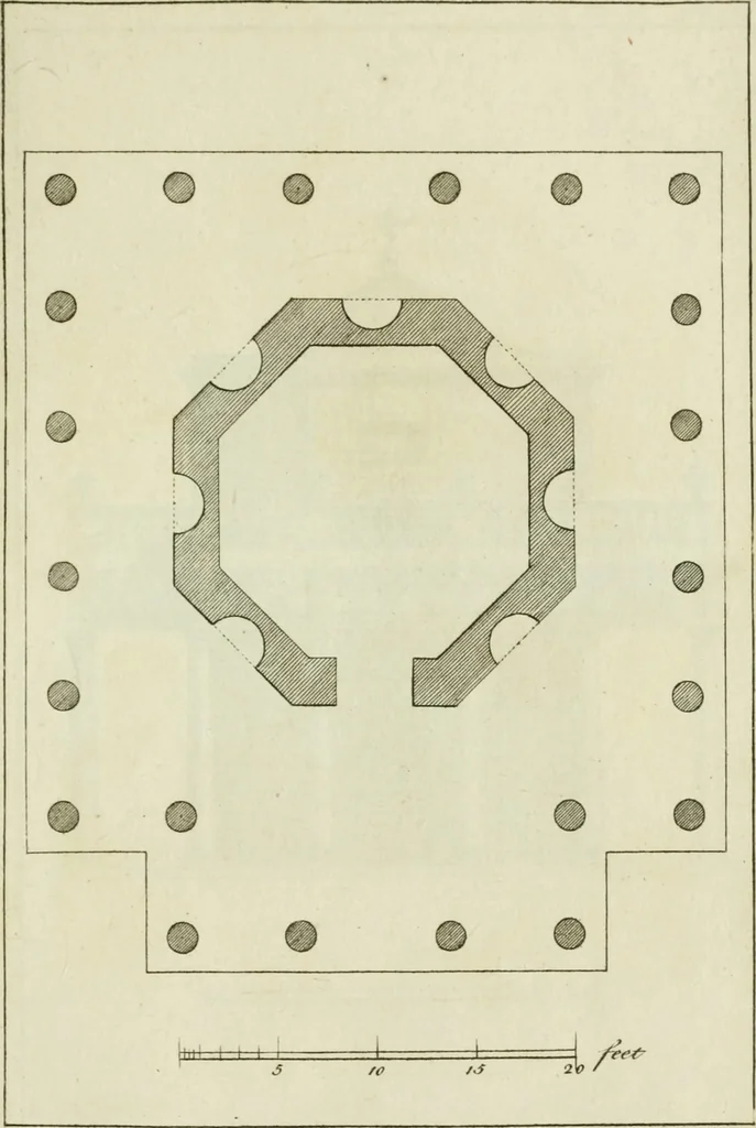 An illustration from Architecture improved, in a collection of modern, elegant and useful designs : from slight and graceful recesses, lodges and other decorations in parks, gardens, woods or forests, to the portico, bath, observatory, and interior ornaments of superb buildings : with great variety of rich embellishments for chimneys in the taste of Inigo Jones, Mr. Kent, &c. : all curiously engraved on fifty copper-plates, octavo, 1755, leaf 74