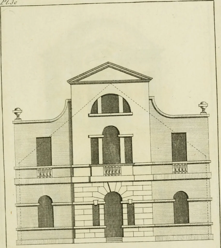An illustration from Architecture improved, in a collection of modern, elegant and useful designs : from slight and graceful recesses, lodges and other decorations in parks, gardens, woods or forests, to the portico, bath, observatory, and interior ornaments of superb buildings : with great variety of rich embellishments for chimneys in the taste of Inigo Jones, Mr. Kent, &c. : all curiously engraved on fifty copper-plates, octavo, 1755, leaf 78