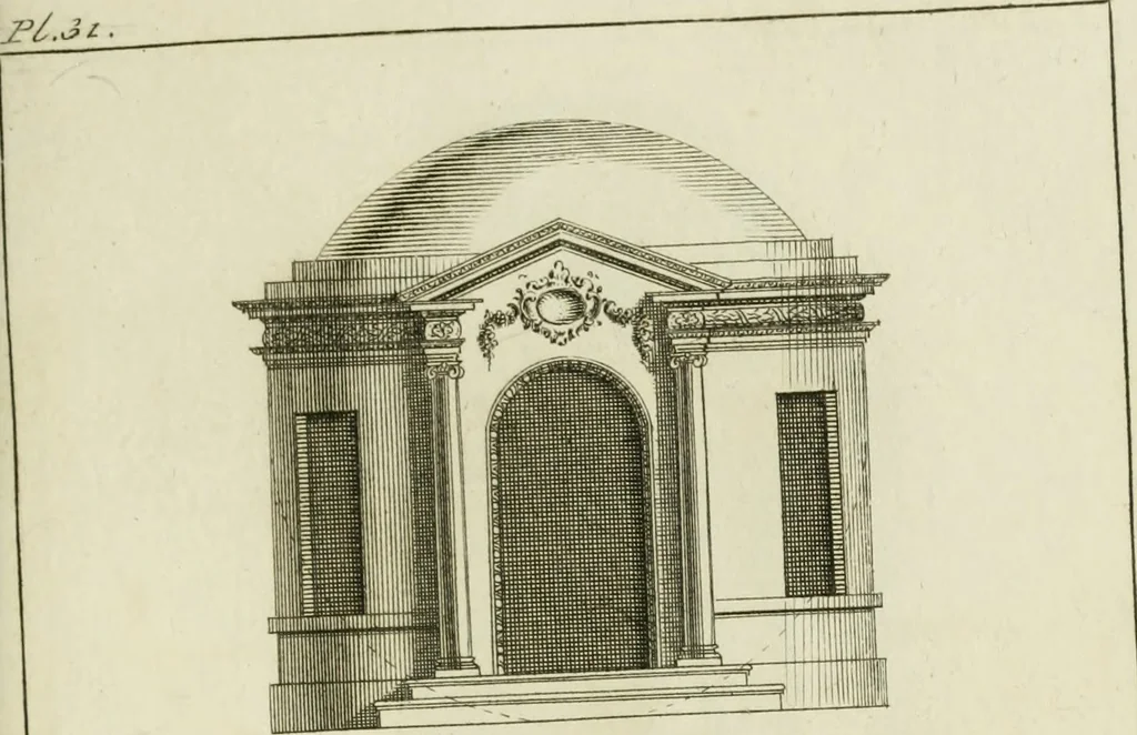An illustration from Architecture improved, in a collection of modern, elegant and useful designs : from slight and graceful recesses, lodges and other decorations in parks, gardens, woods or forests, to the portico, bath, observatory, and interior ornaments of superb buildings : with great variety of rich embellishments for chimneys in the taste of Inigo Jones, Mr. Kent, &c. : all curiously engraved on fifty copper-plates, octavo, 1755, leaf 80