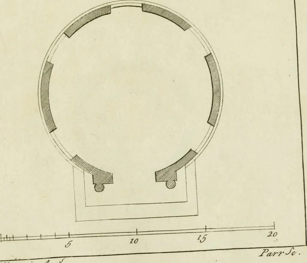 An illustration from Architecture improved, in a collection of modern, elegant and useful designs : from slight and graceful recesses, lodges and other decorations in parks, gardens, woods or forests, to the portico, bath, observatory, and interior ornaments of superb buildings : with great variety of rich embellishments for chimneys in the taste of Inigo Jones, Mr. Kent, &c. : all curiously engraved on fifty copper-plates, octavo, 1755, leaf 80