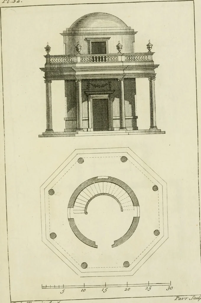 An illustration from Architecture improved, in a collection of modern, elegant and useful designs : from slight and graceful recesses, lodges and other decorations in parks, gardens, woods or forests, to the portico, bath, observatory, and interior ornaments of superb buildings : with great variety of rich embellishments for chimneys in the taste of Inigo Jones, Mr. Kent, &c. : all curiously engraved on fifty copper-plates, octavo, 1755, leaf 82