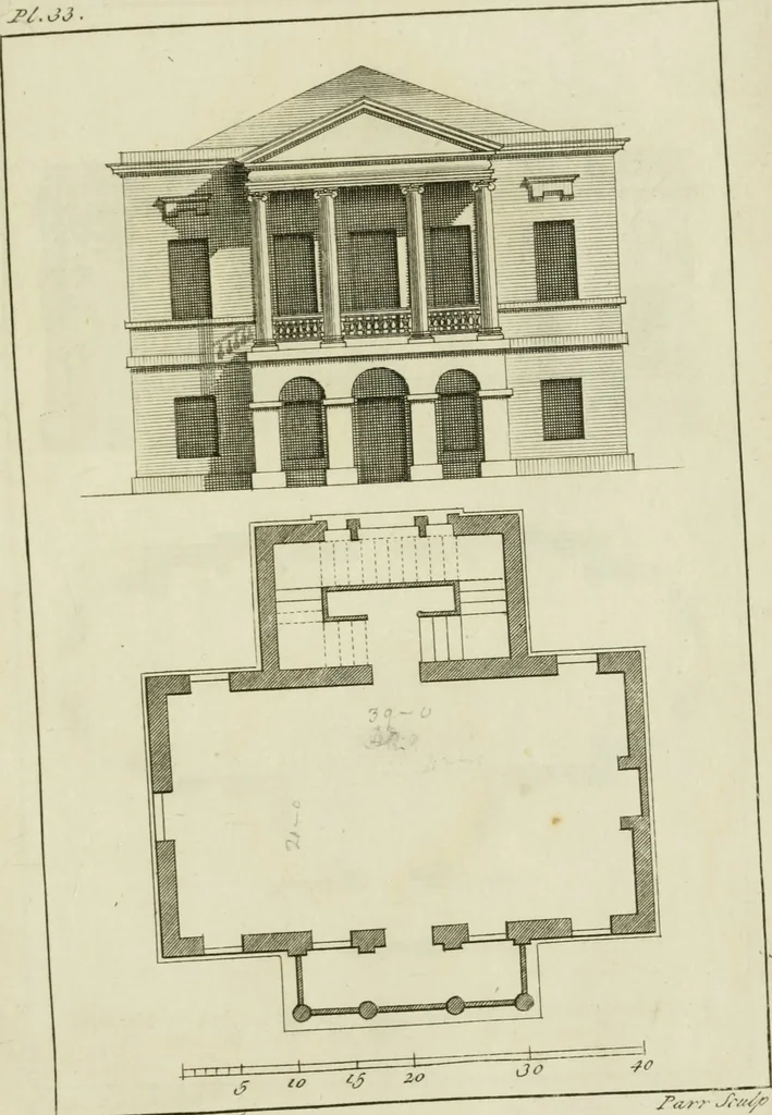 An illustration from Architecture improved, in a collection of modern, elegant and useful designs : from slight and graceful recesses, lodges and other decorations in parks, gardens, woods or forests, to the portico, bath, observatory, and interior ornaments of superb buildings : with great variety of rich embellishments for chimneys in the taste of Inigo Jones, Mr. Kent, &c. : all curiously engraved on fifty copper-plates, octavo, 1755, leaf 84