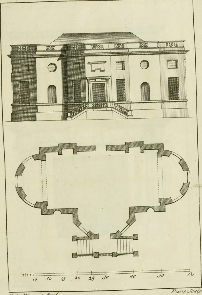 An illustration from Architecture improved, in a collection of modern, elegant and useful designs : from slight and graceful recesses, lodges and other decorations in parks, gardens, woods or forests, to the portico, bath, observatory, and interior ornaments of superb buildings : with great variety of rich embellishments for chimneys in the taste of Inigo Jones, Mr. Kent, &c. : all curiously engraved on fifty copper-plates, octavo, 1755, leaf 86