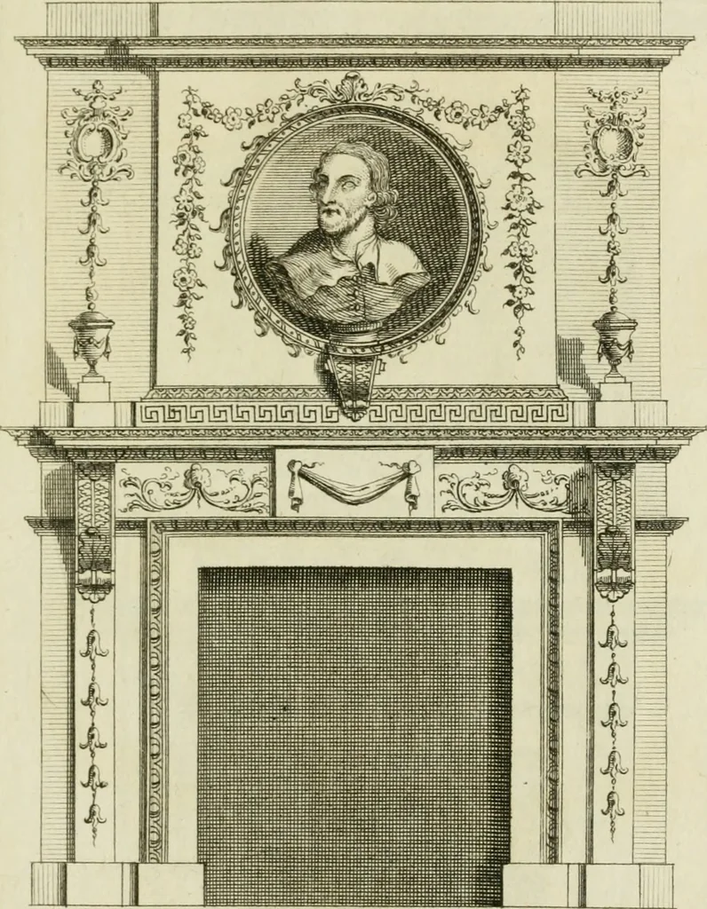 An illustration from Architecture improved, in a collection of modern, elegant and useful designs : from slight and graceful recesses, lodges and other decorations in parks, gardens, woods or forests, to the portico, bath, observatory, and interior ornaments of superb buildings : with great variety of rich embellishments for chimneys in the taste of Inigo Jones, Mr. Kent, &c. : all curiously engraved on fifty copper-plates, octavo, 1755, leaf 88