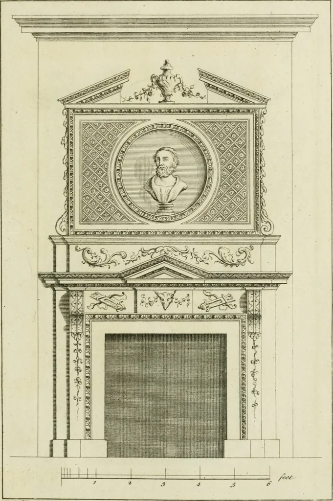 An illustration from Architecture improved, in a collection of modern, elegant and useful designs : from slight and graceful recesses, lodges and other decorations in parks, gardens, woods or forests, to the portico, bath, observatory, and interior ornaments of superb buildings : with great variety of rich embellishments for chimneys in the taste of Inigo Jones, Mr. Kent, &c. : all curiously engraved on fifty copper-plates, octavo, 1755, leaf 90