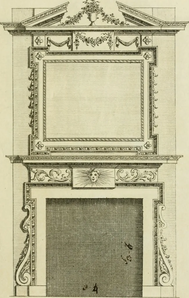 An illustration from Architecture improved, in a collection of modern, elegant and useful designs : from slight and graceful recesses, lodges and other decorations in parks, gardens, woods or forests, to the portico, bath, observatory, and interior ornaments of superb buildings : with great variety of rich embellishments for chimneys in the taste of Inigo Jones, Mr. Kent, &c. : all curiously engraved on fifty copper-plates, octavo, 1755, leaf 92