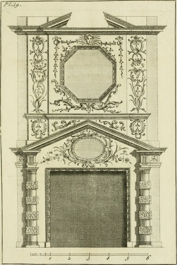 An illustration from Architecture improved, in a collection of modern, elegant and useful designs : from slight and graceful recesses, lodges and other decorations in parks, gardens, woods or forests, to the portico, bath, observatory, and interior ornaments of superb buildings : with great variety of rich embellishments for chimneys in the taste of Inigo Jones, Mr. Kent, &c. : all curiously engraved on fifty copper-plates, octavo, 1755, leaf 96