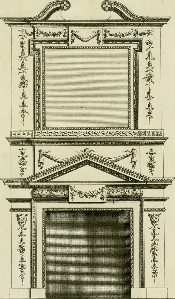 An illustration from Architecture improved, in a collection of modern, elegant and useful designs : from slight and graceful recesses, lodges and other decorations in parks, gardens, woods or forests, to the portico, bath, observatory, and interior ornaments of superb buildings : with great variety of rich embellishments for chimneys in the taste of Inigo Jones, Mr. Kent, &c. : all curiously engraved on fifty copper-plates, octavo, 1755, leaf 98