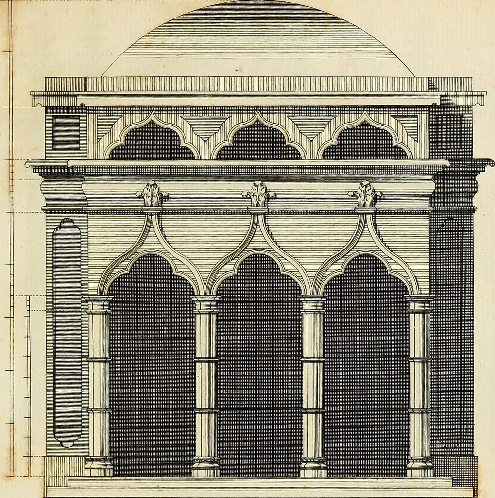 An illustration from Gothic architecture, improved by rules and proportions : in many grand designs of columns, doors, windows, chimney-pieces, arcades, colonades, porticos, umbrellos, temples and pavillions &c. : with plans, elevations and profiles, 1747, leaf 108