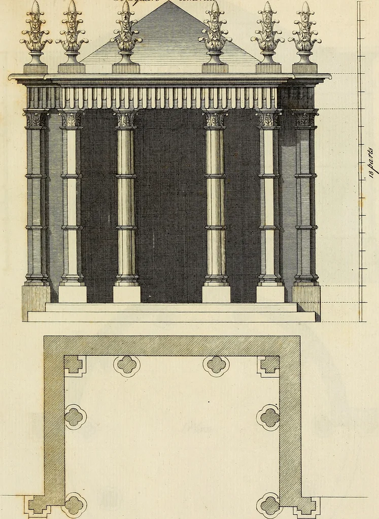 An illustration from Gothic architecture, improved by rules and proportions : in many grand designs of columns, doors, windows, chimney-pieces, arcades, colonades, porticos, umbrellos, temples and pavillions &c. : with plans, elevations and profiles, 1747, leaf 110