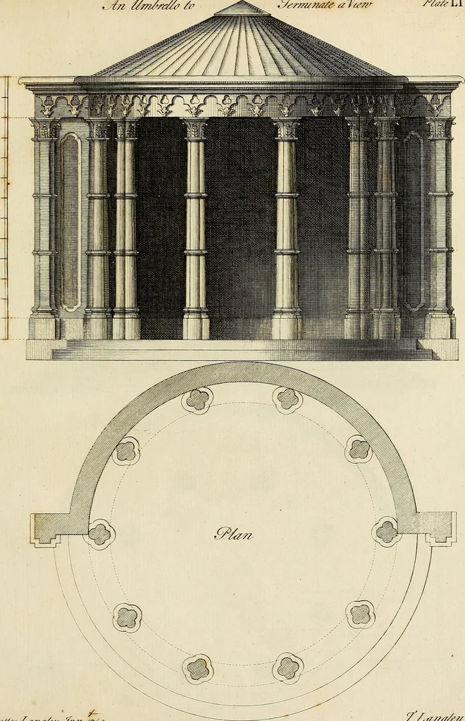 An illustration from Gothic architecture, improved by rules and proportions : in many grand designs of columns, doors, windows, chimney-pieces, arcades, colonades, porticos, umbrellos, temples and pavillions &c. : with plans, elevations and profiles, 1747, leaf 112