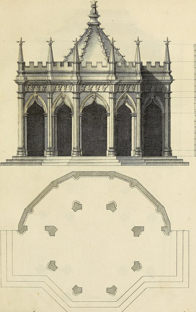 An illustration from Gothic architecture, improved by rules and proportions : in many grand designs of columns, doors, windows, chimney-pieces, arcades, colonades, porticos, umbrellos, temples and pavillions &c. : with plans, elevations and profiles, 1747, leaf 114