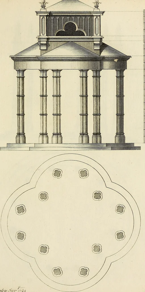 An illustration from Gothic architecture, improved by rules and proportions : in many grand designs of columns, doors, windows, chimney-pieces, arcades, colonades, porticos, umbrellos, temples and pavillions &c. : with plans, elevations and profiles, 1747, leaf 118