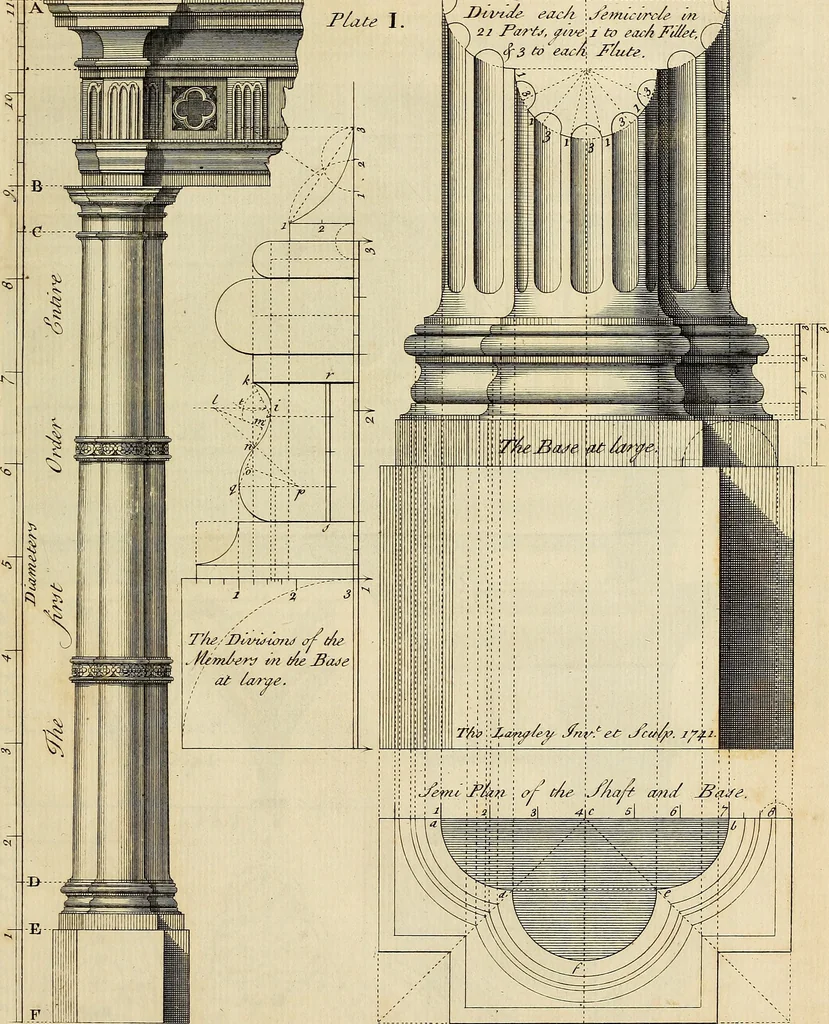 An illustration from Gothic architecture, improved by rules and proportions : in many grand designs of columns, doors, windows, chimney-pieces, arcades, colonades, porticos, umbrellos, temples and pavillions &c. : with plans, elevations and profiles, 1747, leaf 12