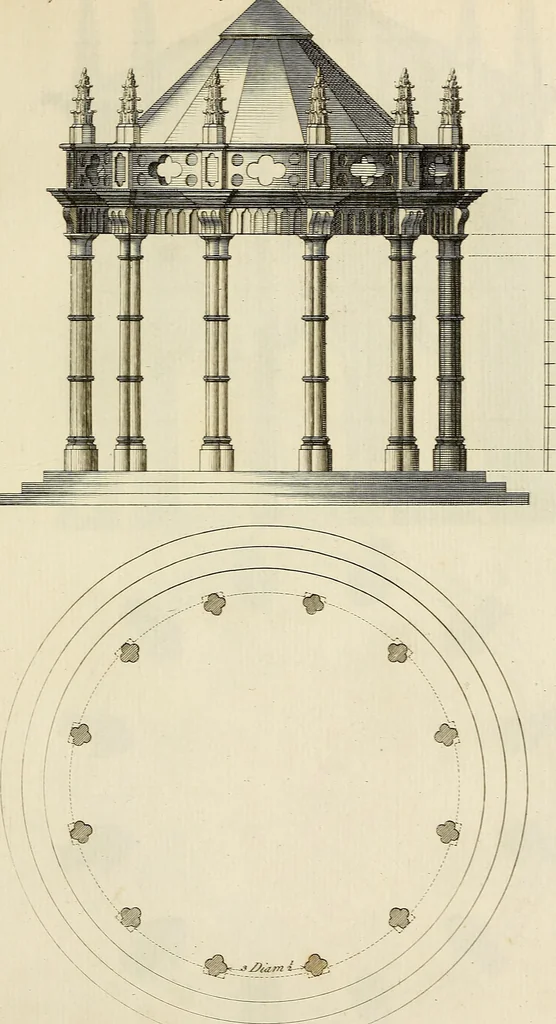 An illustration from Gothic architecture, improved by rules and proportions : in many grand designs of columns, doors, windows, chimney-pieces, arcades, colonades, porticos, umbrellos, temples and pavillions &c. : with plans, elevations and profiles, 1747, leaf 120