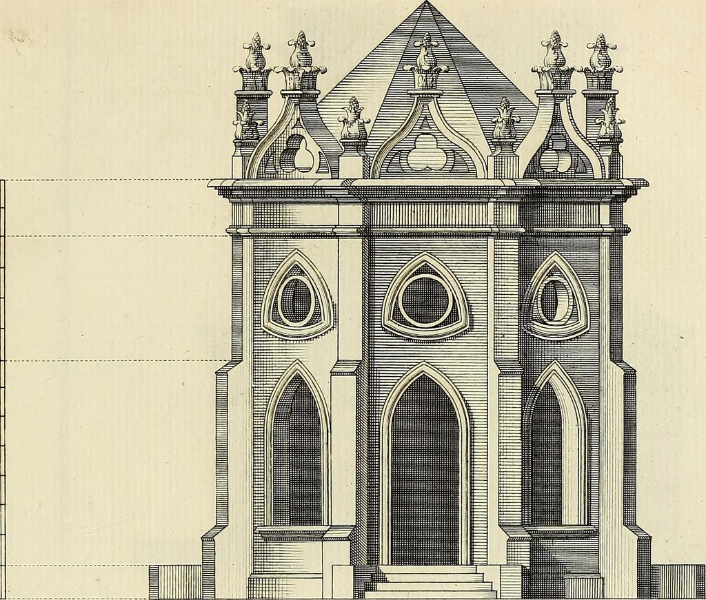 An illustration from Gothic architecture, improved by rules and proportions : in many grand designs of columns, doors, windows, chimney-pieces, arcades, colonades, porticos, umbrellos, temples and pavillions &c. : with plans, elevations and profiles, 1747, leaf 124