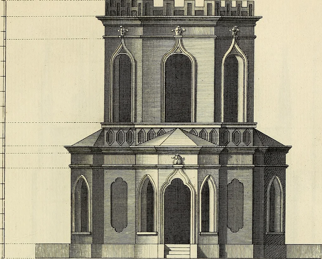 An illustration from Gothic architecture, improved by rules and proportions : in many grand designs of columns, doors, windows, chimney-pieces, arcades, colonades, porticos, umbrellos, temples and pavillions &c. : with plans, elevations and profiles, 1747, leaf 126