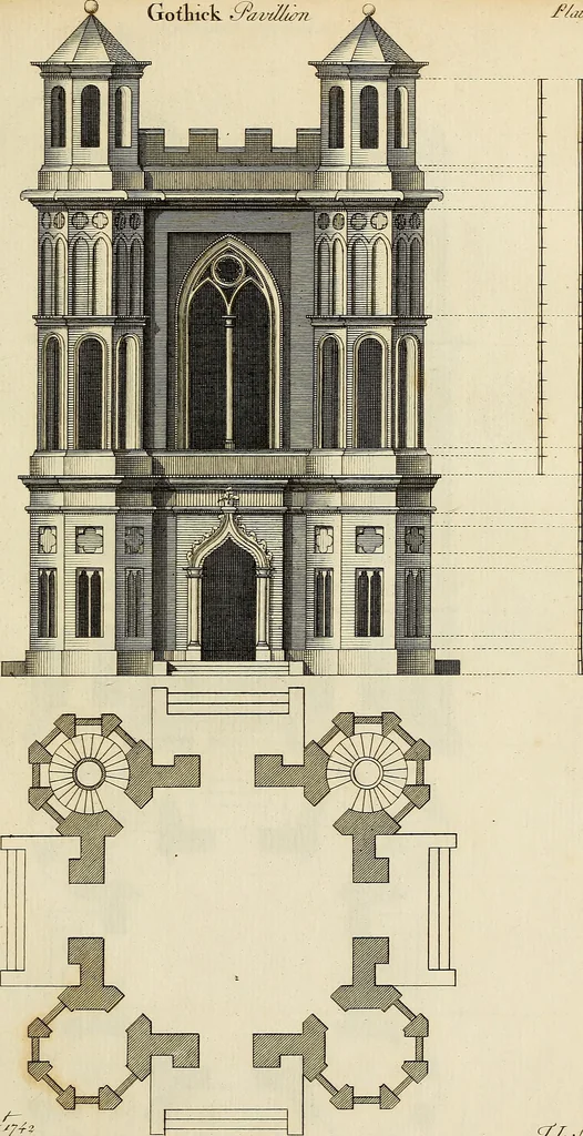 An illustration from Gothic architecture, improved by rules and proportions : in many grand designs of columns, doors, windows, chimney-pieces, arcades, colonades, porticos, umbrellos, temples and pavillions &c. : with plans, elevations and profiles, 1747, leaf 130