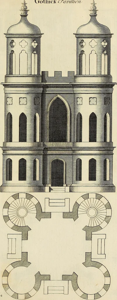 An illustration from Gothic architecture, improved by rules and proportions : in many grand designs of columns, doors, windows, chimney-pieces, arcades, colonades, porticos, umbrellos, temples and pavillions &c. : with plans, elevations and profiles, 1747, leaf 132