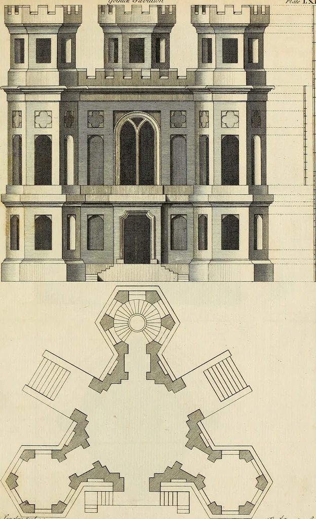 An illustration from Gothic architecture, improved by rules and proportions : in many grand designs of columns, doors, windows, chimney-pieces, arcades, colonades, porticos, umbrellos, temples and pavillions &c. : with plans, elevations and profiles, 1747, leaf 134